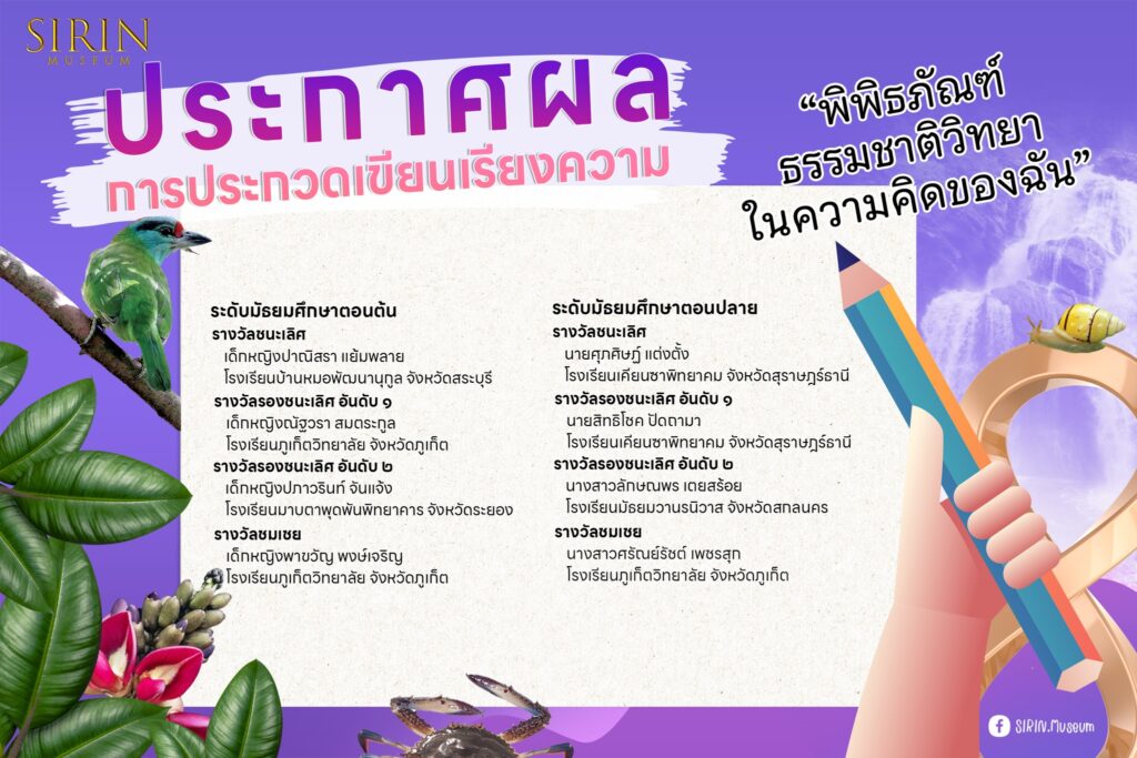 ประกาศผล การประกวดเขียนเรียงความ หัวข้อ "พิพิธภัณฑ์ธรรมชาติวิทยาในความคิดของฉัน"