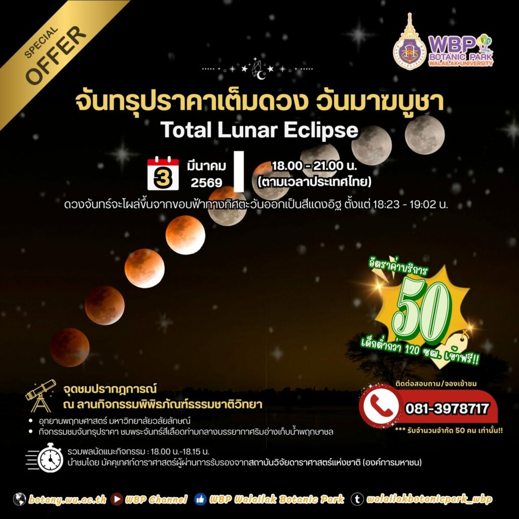 อุทยานพฤกษศาสตร์ ม.วลัยลักษณ์ ชวนชม “จันทรุปราคาเต็มดวง” คืนวันมาฆบูชา 3 มีนาคม 2569 ณ ลานกิจกรรมพิพิธภัณฑ์ธรรมชาติวิทยาฯ